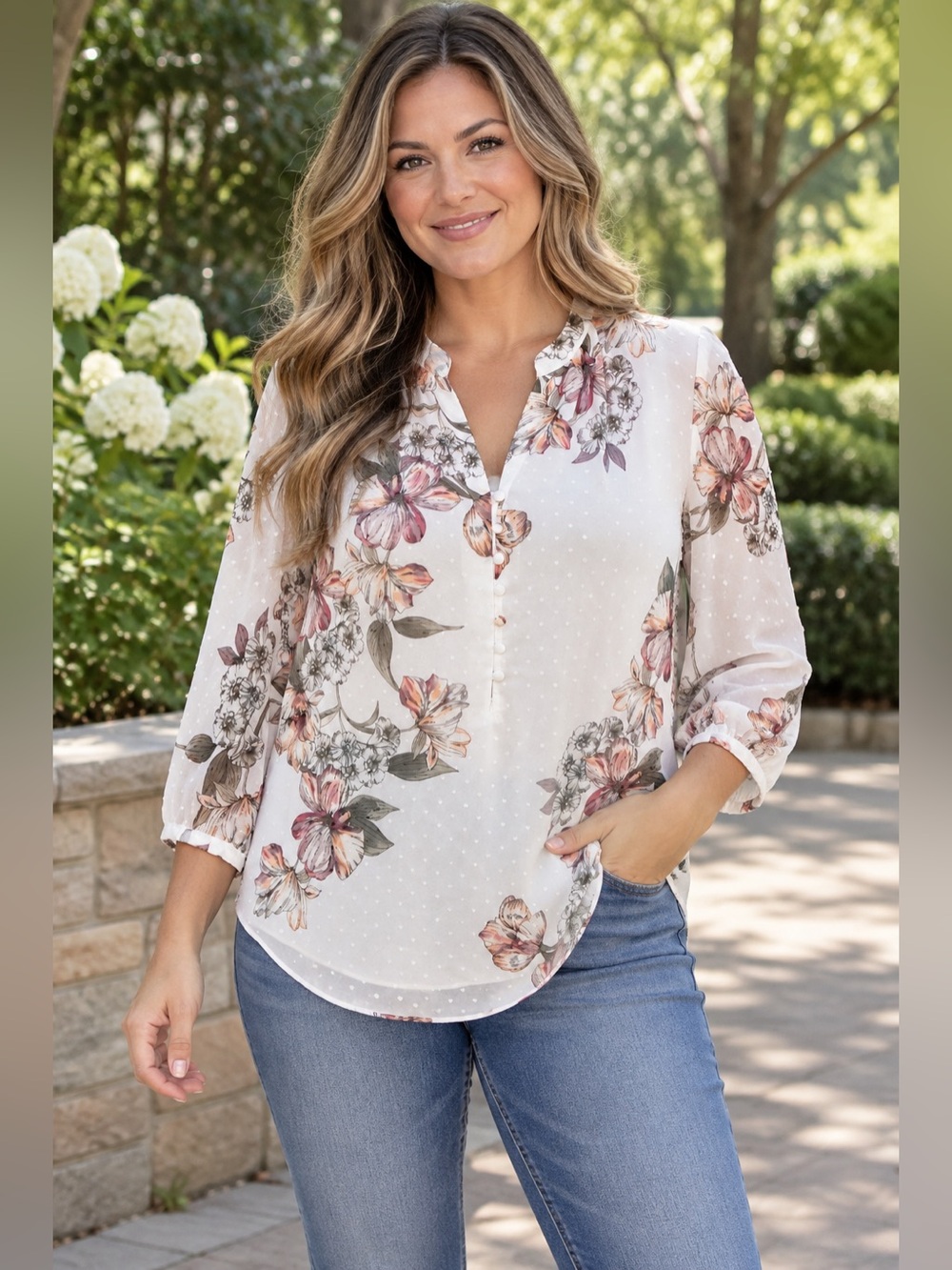 White House Black Market Size 8 Floral Swiss Dot Blouse 3/4 Sleeve